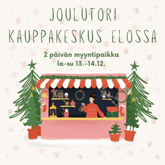 Kuvituskuva joulutorista: myyntikoju, jossa hymyilevä myyjä esittelee tuotteitaan. Ympärillä joulukuusia ja koristeita. Tekstinä "JOULUTORI Kauppakeskus Elossa, 2 päivän myyntipaikka la–su 13.–14.12.2025".