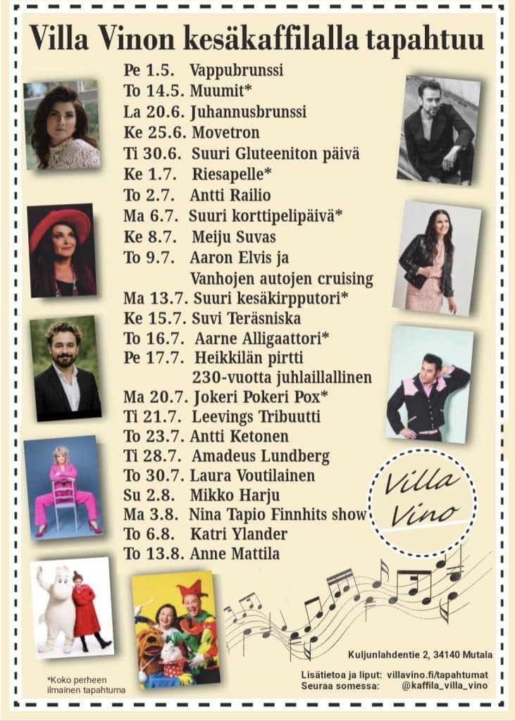 Villa Vinon Kesäkafilan esiintyjät kesällä 2026